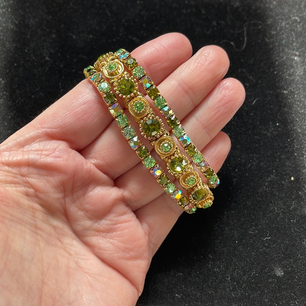 Crystal Bracelets, set of 3. shades of green w/ some iridescence, faux gold.
